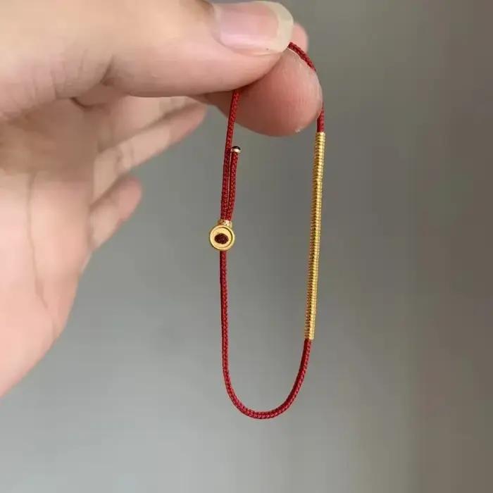 Bracelet de bénédiction en corde rouge et perles rondes couleur or en argent sterling 925