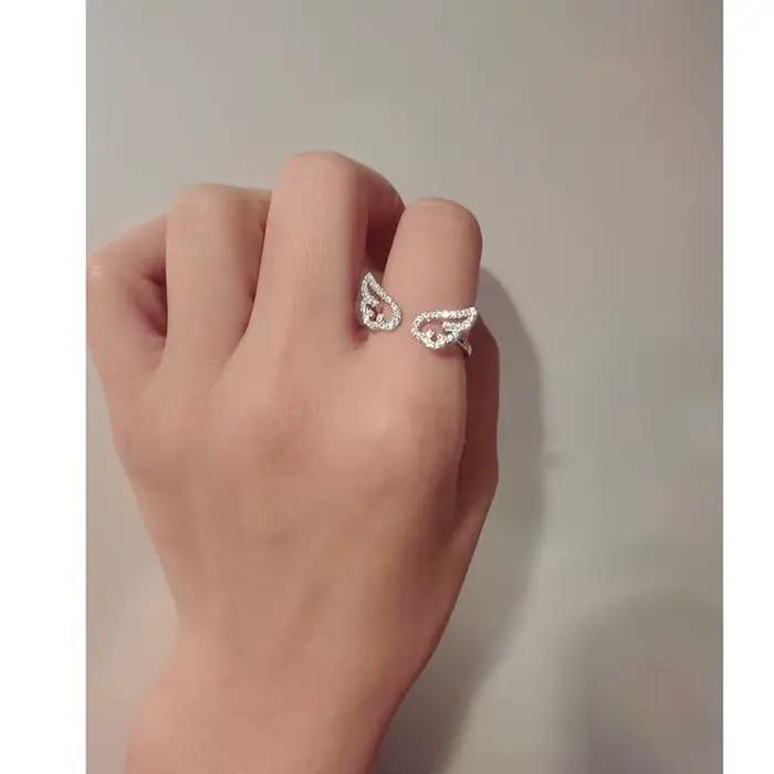 Bague Ailes d'Ange Style Coréen Femme Anneau Réglable Strass Argent Occasions Spéciales