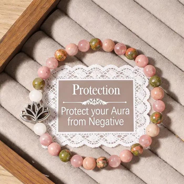 Bracelet Chakra pour femmes, quartz rose, cristal de quartz rose, pierre naturelle, bijoux de guérison avec charme de lotus, cadeau pour femmes