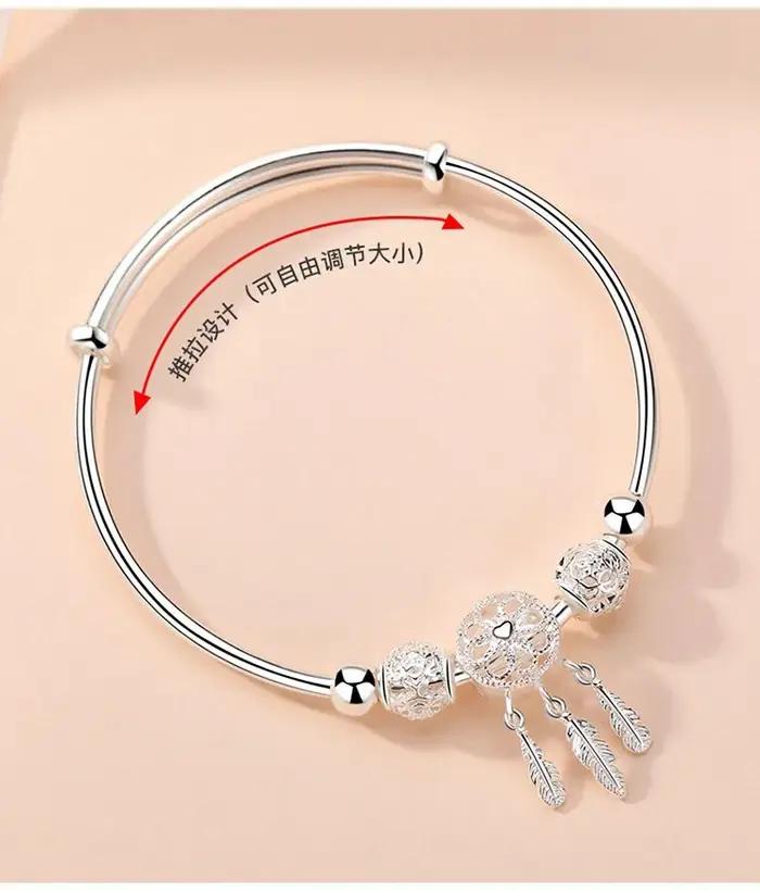 Bracelet en argent Sterling 925 attrape-rêves pompon plume perle ronde pour femmes occasions spéciales cadeau de mariage