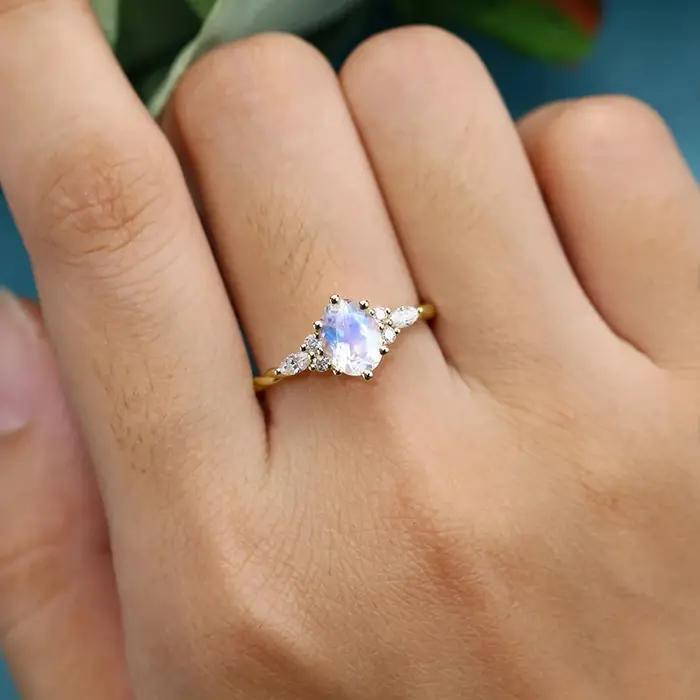 Bague de fiançailles ovale aigue-marine/Quartz Rose/pierre de lune/Labradorite/agate Ross/améthyste