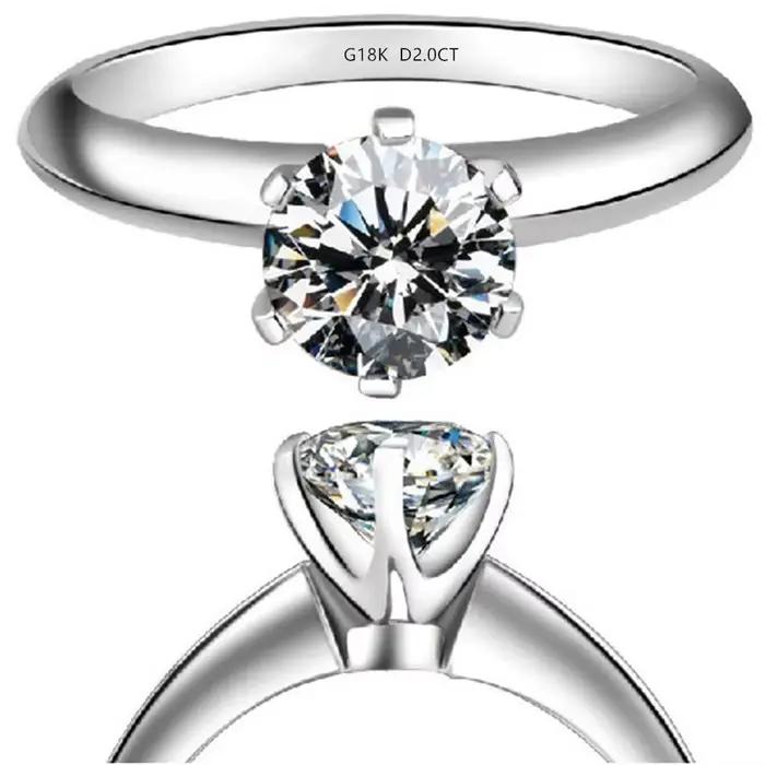 Bague de fiançailles en or blanc massif 18K 750, 2 Carat, Six dents rondes, excellente femme, bijoux