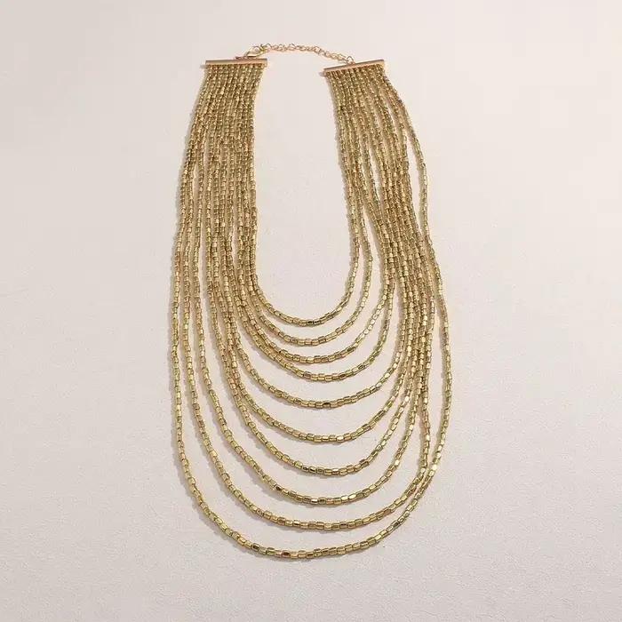 Collier bohème multi-couches en résine perlée pour femmes, idéal pour les fêtes et le quotidien, design mignon romantique, motifs géométriques, chaîne de maillons, acier couleur, rouge marron