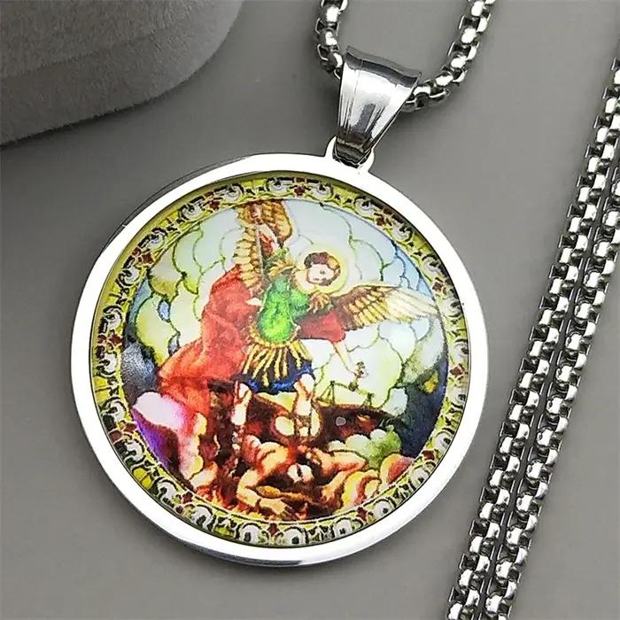 SAINT MICHAEL PROTECT US archange acier inoxydable verre pendentif collier pour femmes hommes couleur or chrétien amulette bijoux