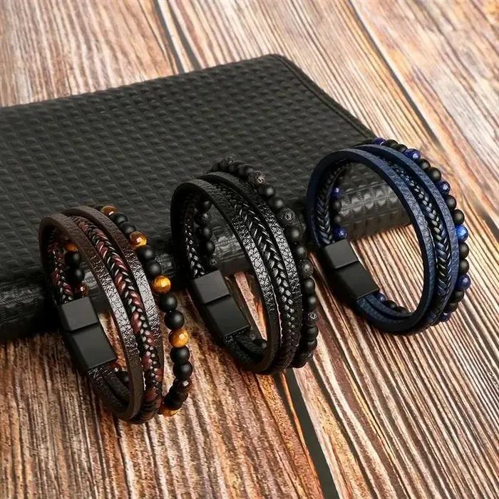 Bracelet en cuir classique oeil de tigre perlé multicolore pour hommes occasions spéciales cadeau
