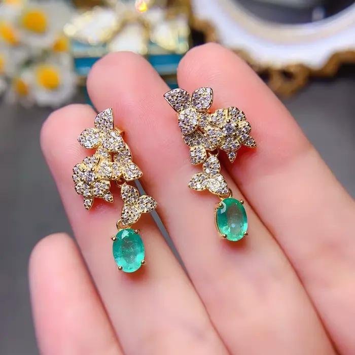 Boucles d'oreilles en argent sterling S925 et émeraude véritable pour femmes occassions spéciales anniversaires et vacances