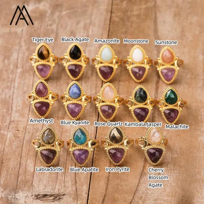 Bague réglable en forme de triangle avec pierres précieuses en cristal naturel, bijoux de mariage de créateur, alanding ysts