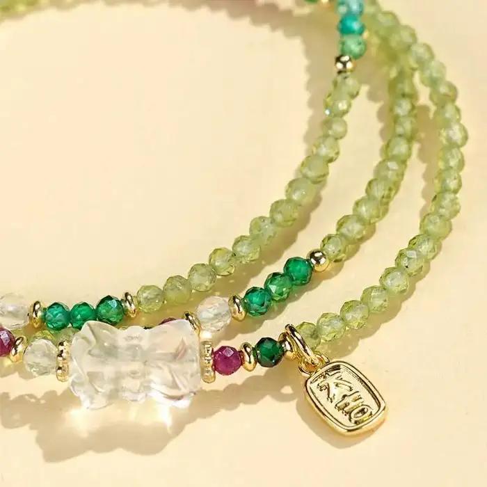 Bracelet à trois rangs en cristal de péridot de style chinois pour femmes
