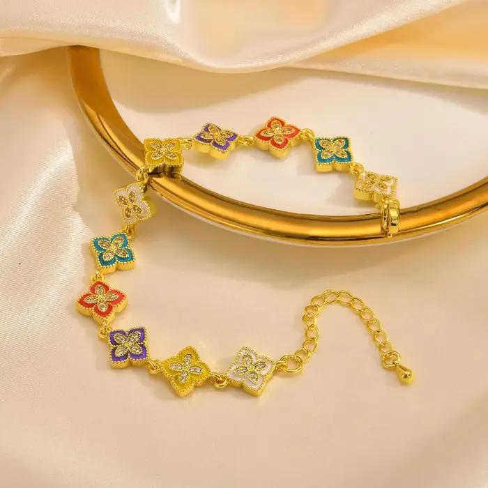 Bracelet trèfle à quatre feuilles élégant en cuivre doré pour femmes cadeau amitié anniversaire fiançailles