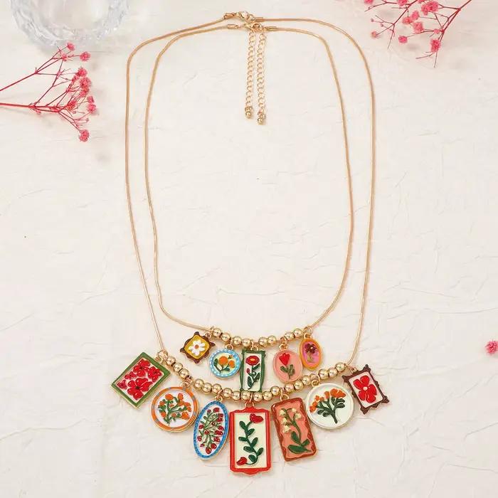 Collier pendentif géométrique en émail coloré avec motif floral pour femmes bijoux de soirée cadeaux occasions spéciales