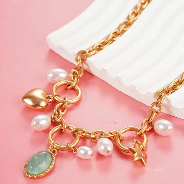 Collier en acier inoxydable avec pendentif émeraude verte, bijoux en métal doré, pierre précieuse de