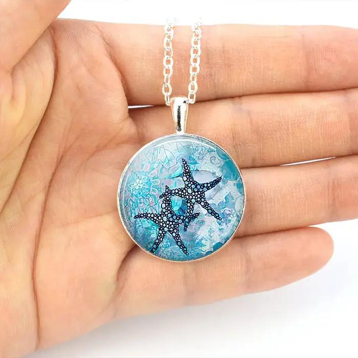 Collier Animal marin tortue de mer étoile de mer dauphin hippocampe conque requin longue chaîne dôme en verre pendentif été plage mode