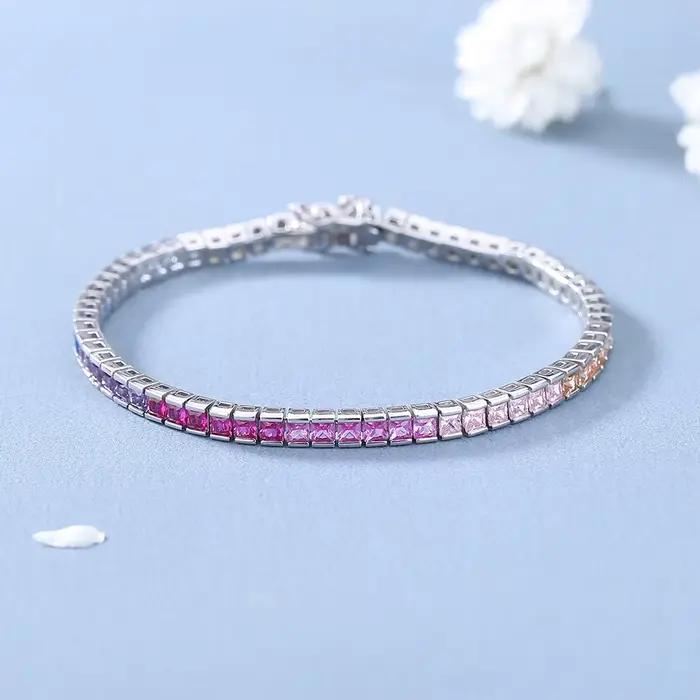 Bracelet de tennis en argent pur pour femme, 17.5 cm, carré de 4 mm de large, 2.5x2.5mm, Bling Rainbow Zunderes, Real 925 Jewelry