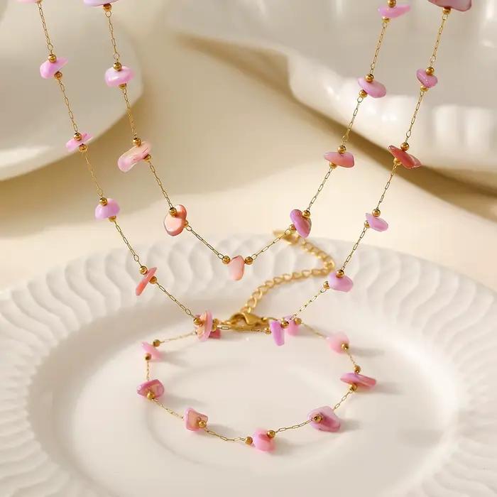 Ensemble collier et bracelet en pierres roses naturelles pour femmes