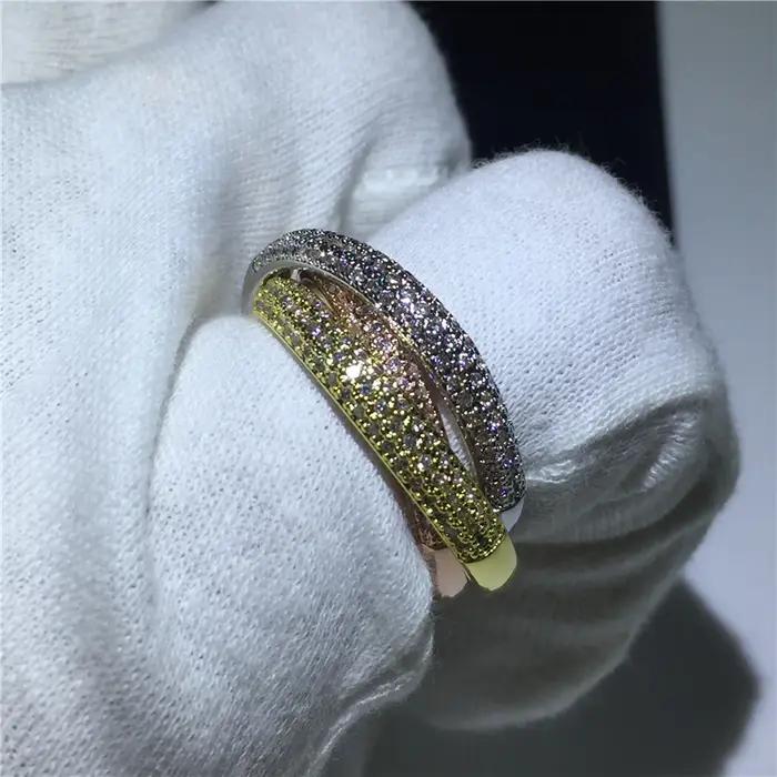 Triple cercles or/or Rose/argent bague trois couleurs bijoux de luxe couleur argent pavé CZ