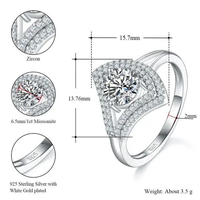 Bague de fiançailles LinkerLove 1ct Moissanite en argent sterling S925 plaqué or 18 carats pour femme