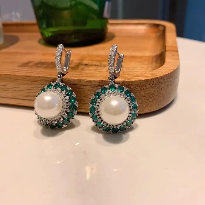 Boucles d'oreilles blanches Big Pearl None pour femmes, collier pendentif émeraude verte, ensemble de matiques, bijoux de mariage, cadeau de travailleurs, clavicule, JOL