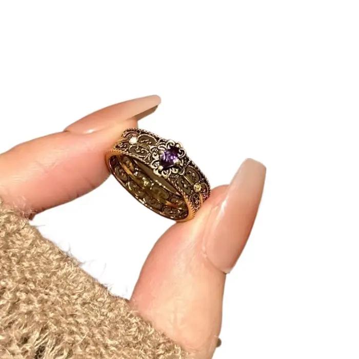 Bagues vintage en diamant violet ajouré pour femmes, noir et doré, à la mode, style hip-hop, pour banquet, bijoux fins, cadeau