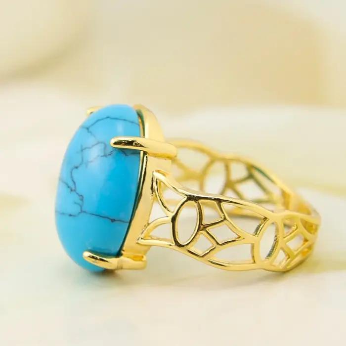 Bague A-YONG AYONG plaquée or 18 carats avec pierre turquois pour femmes, bague de cocktail vintage, bijou de soirée pour mariages arabes et occasions spéciales