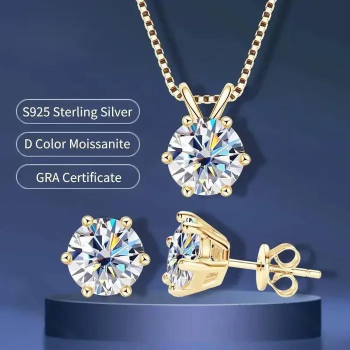 Boucles d'oreilles et collier en argent 925 plaqué or avec moissanite pour femmes, élégant et sophistiqué pour les occasions spéciales