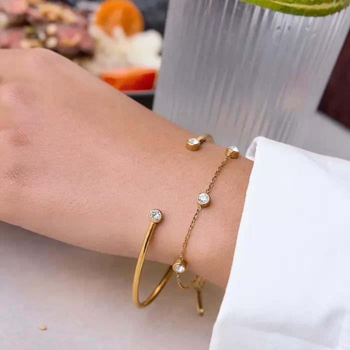 Ensemble deux bracelets de manchette en acier inoxydable 304 plaqué or jaune clair pour femme