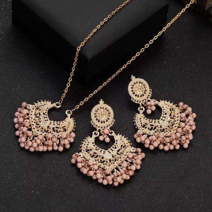 Ensemble de bijoux vintage rétro indiens perles rondes boucles doreilles pompons collier pour femmes occasions spéciales mariage anniversaire cadeau fête quotidienne