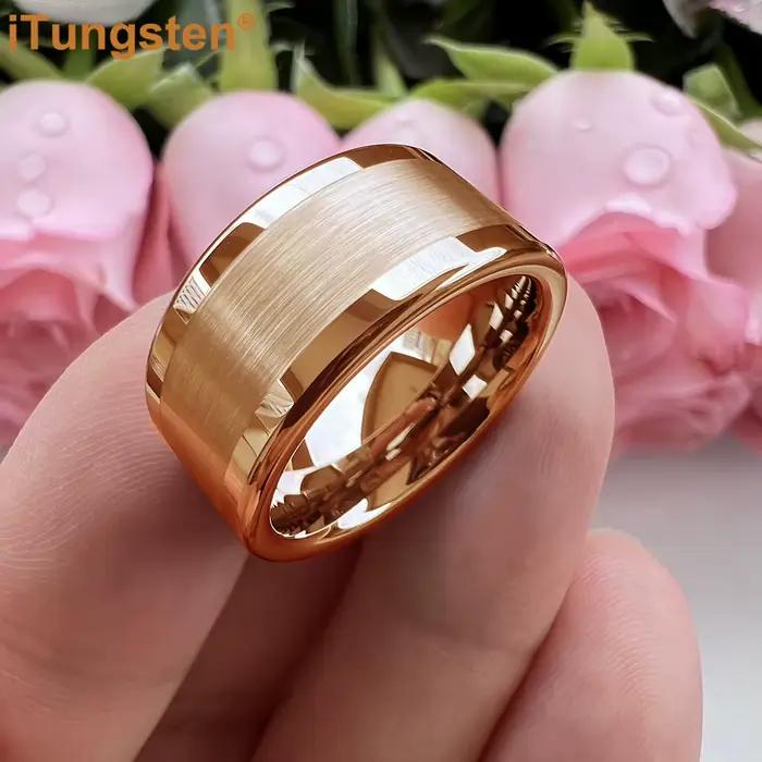 Bague en tungstène ITungsten 10 mm 12 mm pour homme, plate, pour fiançailles et mariage, avec finition polie brossée au centre, ajustement confortable