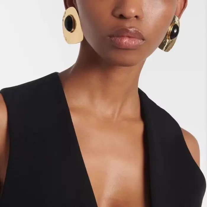 Boucles d'oreilles pendantes carrées vintage en alliage plaqué or avec pierre noire pour femme