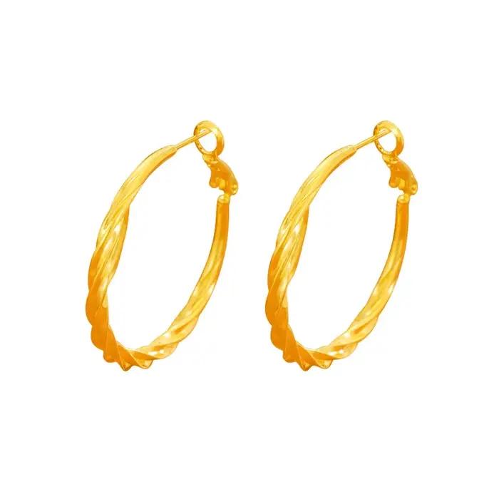 Luxe 24K 9999 or pur véritable or femmes grand anneau d'oreille torsadé cercle grandes boucles d'oreilles