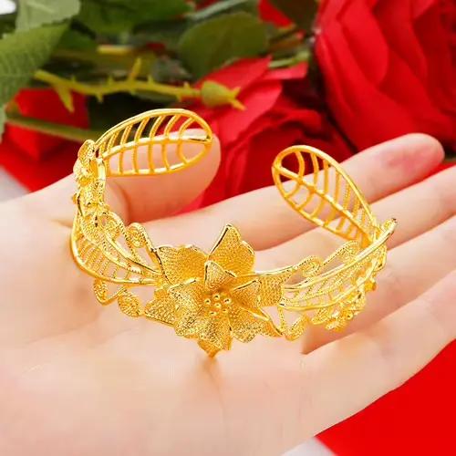 Bracelet fleur creux plaqué or pur pour femme, bracelet plaqué or véritable 24 carats, bijoux de mar