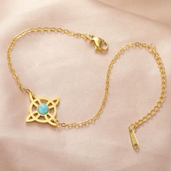 LIKGREAT-Bracelet double noeud de sorcière celtique pour femme, breloque croissant de lune, pierre bleue, acier inoxydable, bijoux, cadeau de Noël