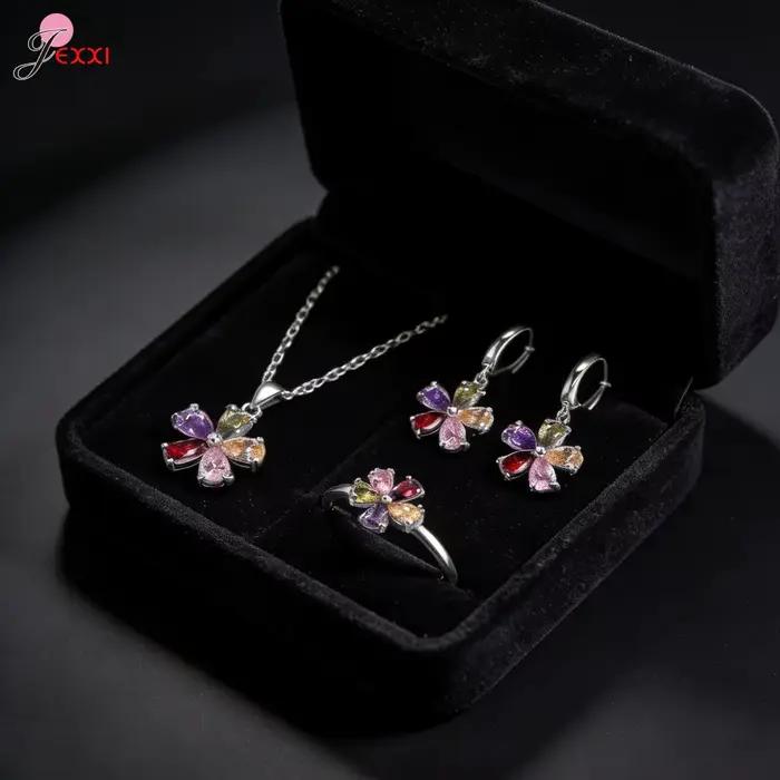 Ensemble de bijoux en argent sterling 925 motif floral coloré pendentif fleur multi-pierres collier boucles d'oreilles huggie bague ouverte ajustable