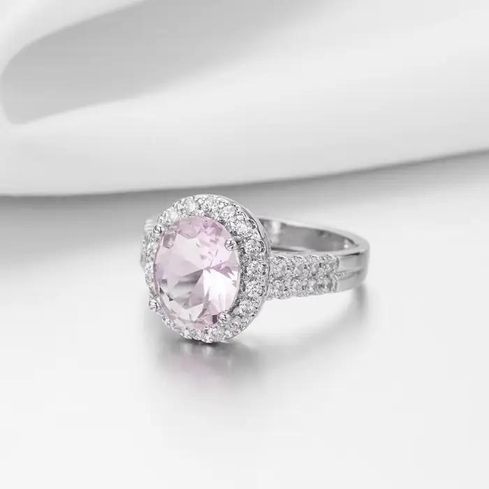 Bague de fiançailles pour femme en argent sterling 925 géométrique avec pierres en zirconium rose pour engagement romantique