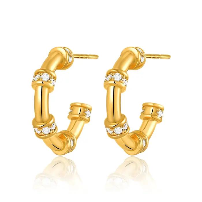 Boucles d'oreilles créoles en bambou plaqué or 18 carats pour femmes, forme C, pavé de zircons CZ, p