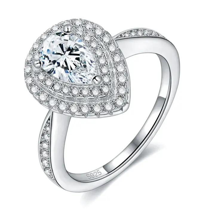 Bague de fiançailles LinkerLove en argent S925 avec moissanite taille poire 1 carat et double halo d