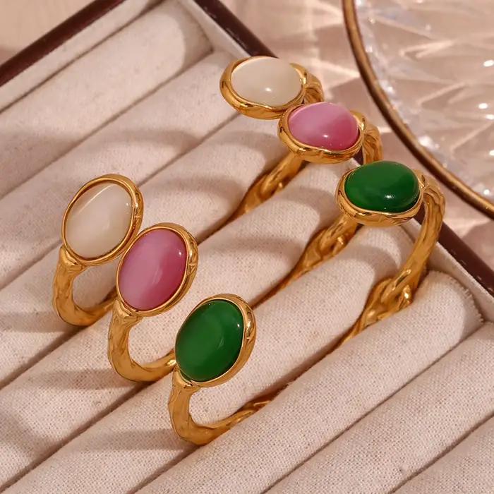 E.B.belle – Bracelet ovale en pierre naturelle, ouvert, irrégulier, en cristal d'agate verte, plaqué or 18 carats, en acier inoxydable, pour femmes