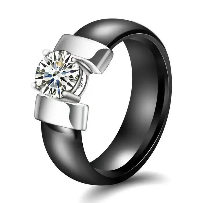 Bague de fiançailles en céramique noire et blanche avec zircon brillant, alliance de mariage hypoallergénique pour femmes, occasions spéciales et engagement