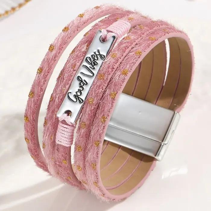 Fille Bracelets lettre cristaux fer multicouche large bord Bracelet en cuir bohème femmes mode lumière luxe charme bijoux