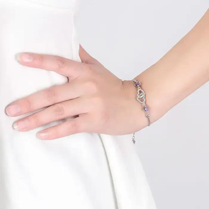 Bracelet en argent sterling s925 incrusté de zircon en forme de cœur et d'améthyste pour femmes et hommes bijoux de soirée occasions spéciales