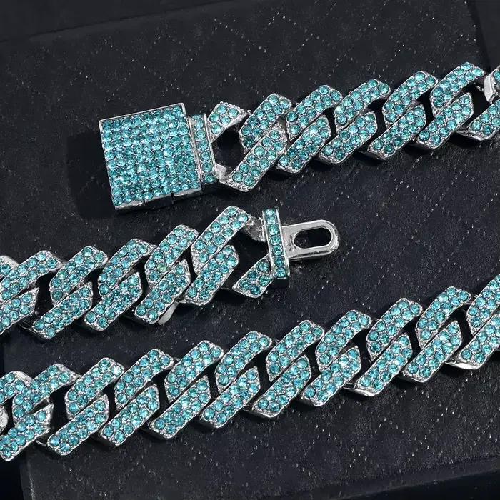 Collier chaîne cubaine pour hommes et femmes, chaîne à maillons sertie de strass bleus, bijoux hip-hop bling-bling