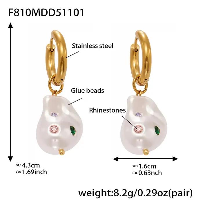 Boucles d'oreilles créoles en acier inoxydable plaquées or avec perles baroques et zircon pour femmes occasions spéciales