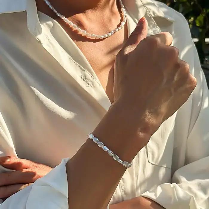 Nouveau Bracelet Chaîne Ovale en Perles d'Imitation Tendance pour Hommes et Femmes