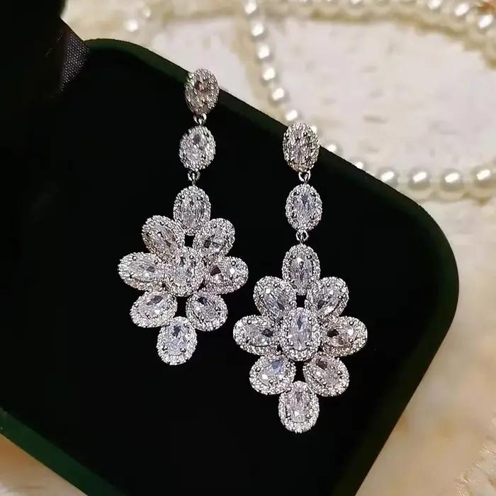 Breloque fleur diamant boucle d'oreille 925 en argent sterling boucles d'oreilles de mariage pour les femmes promesse de mariée bijoux de fête de fiançailles