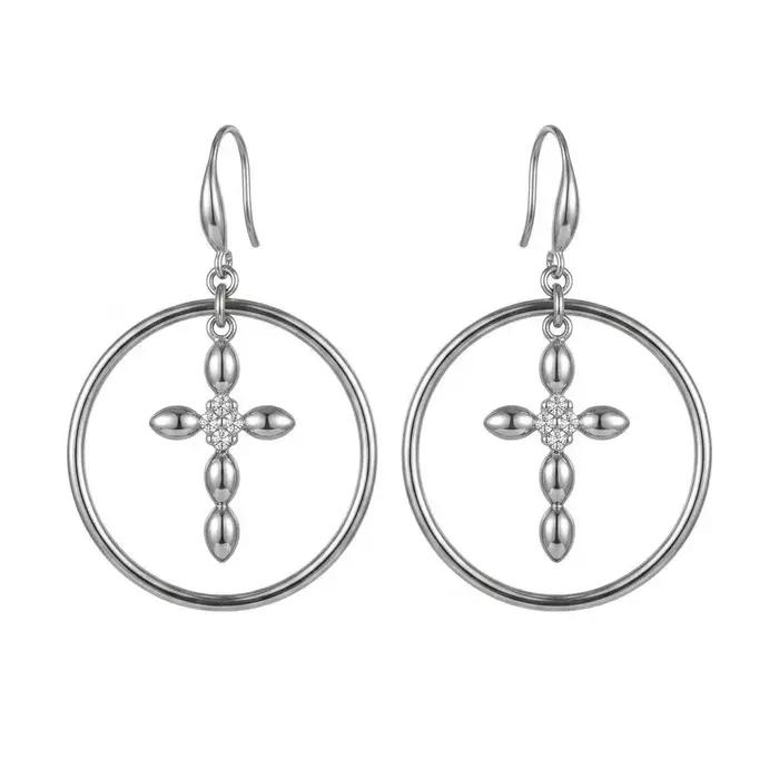 Boucles d'oreilles pendantes en forme de croix gothique dans un cercle, minimalistes, religieuses, en argent, pour femmes et hommes, accessoires de bijoux, Grunge Rock