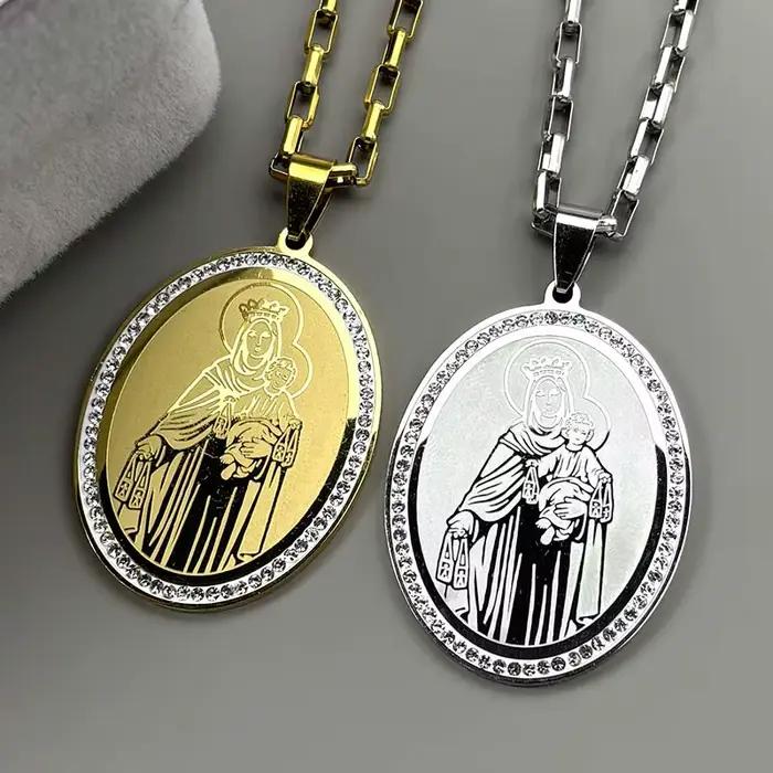 Collier pendentif vierge marie bébé jésus pour femmes et hommes, strass en acier inoxydable, couleur or, chaîne de Guadalupe catholique, bijoux