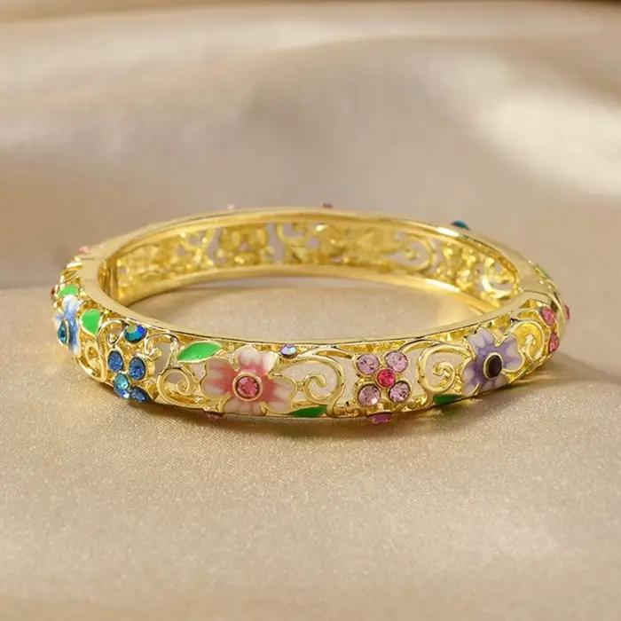 Bracelets ethniques de luxe en or, couleur or, creux, émail bleu Jingtai, glaçure goutte à goutte, trèfle à quatre feuilles porte-bonheur, zircon, bijoux pour femmes