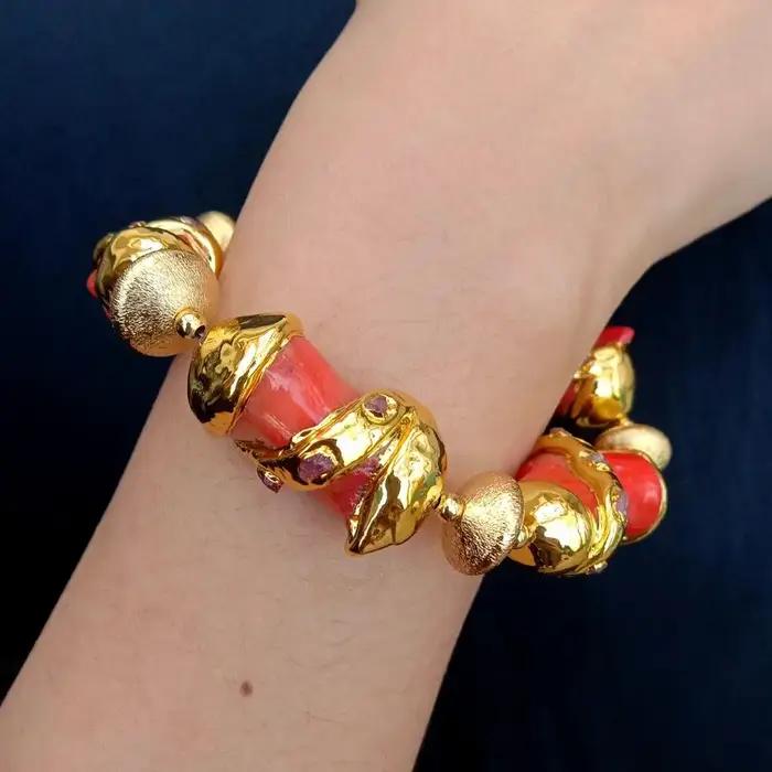 yygem Bracelet pépite plaquée or corail orange