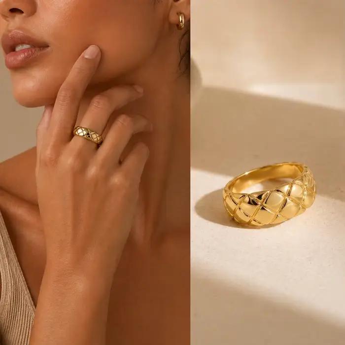 Bague Dôme Minimaliste Plaqué Or à Motif Diamant, Anneaux Larges Géométriques Massifs, Bijoux de Mariage Classiques et Élégants pour le Quotidien