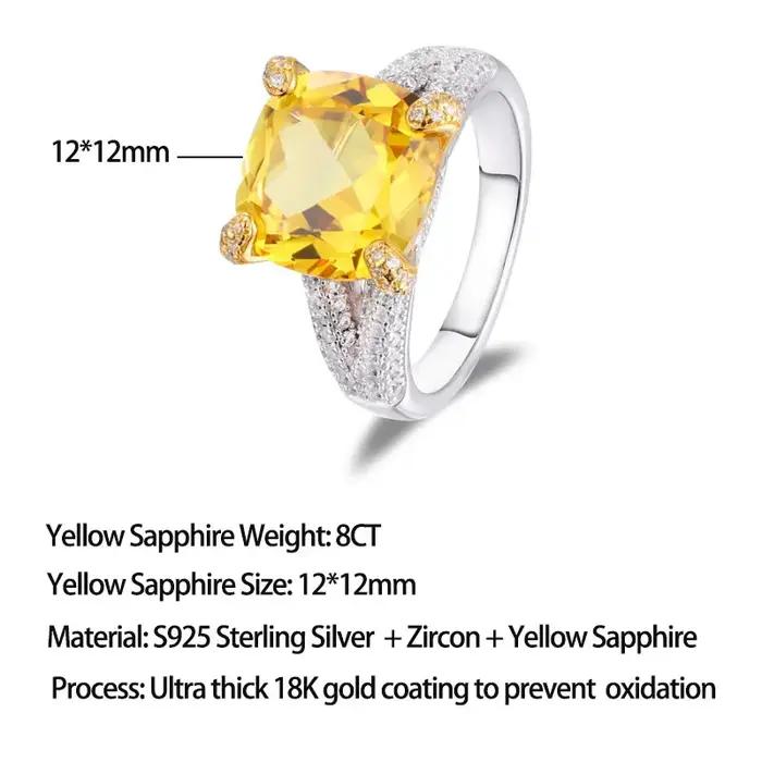 Bague de fiançailles LinkerLove en argent S925 avec saphir jaune 8 carats pour femme