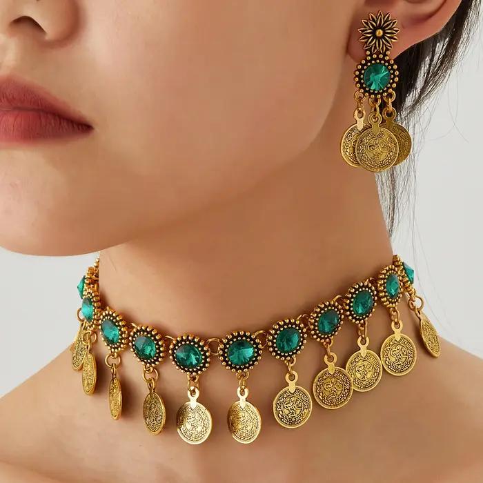 Bohème femmes gitane couleur or pièce gland collier boucle d'oreille femme mariée classique Vintage multicolore cristal bijoux de mariage